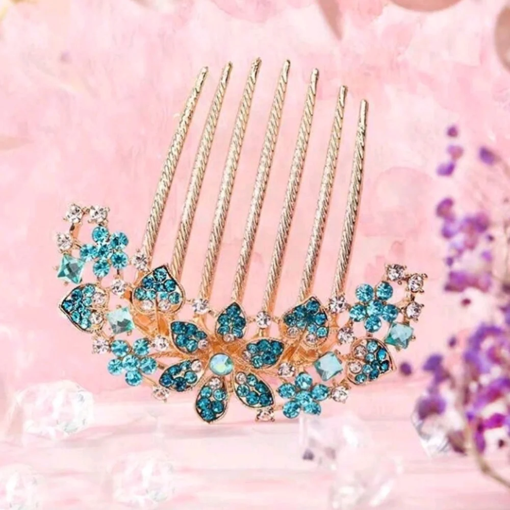 Wedding Hair Comb Blue and Gold Floral Bridal Rhinestone Hair Comb